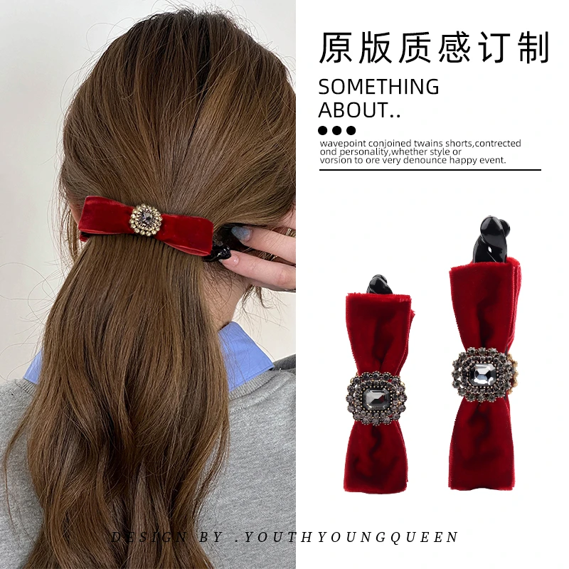 复古丝绒蝴蝶结香蕉夹发夹女高级感竖夹气质盘发发量多马尾夹发饰