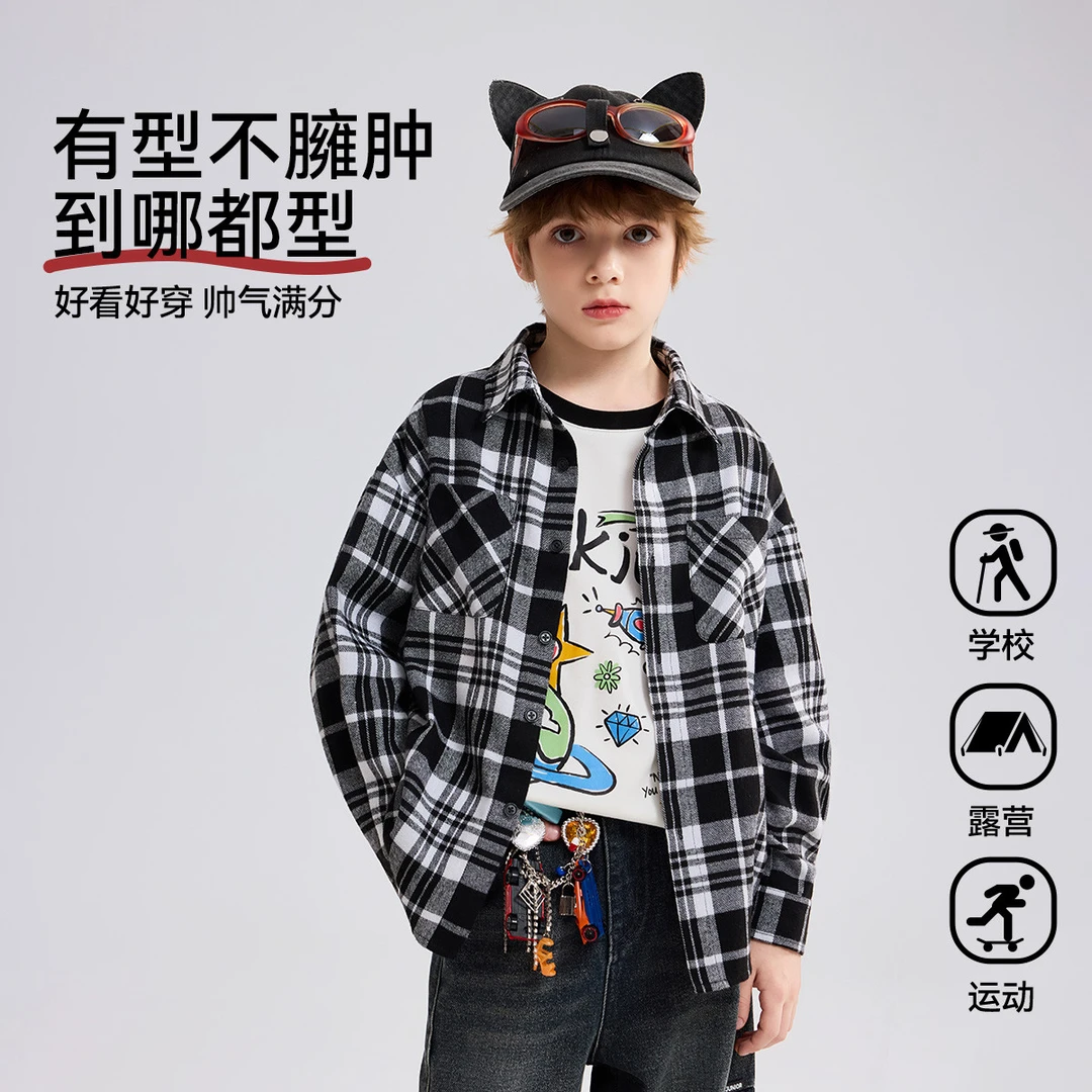 衬衫秋中大童磨毛格纹撞色长袖衬衣男童外套上衣JF3ZHS19006M sp