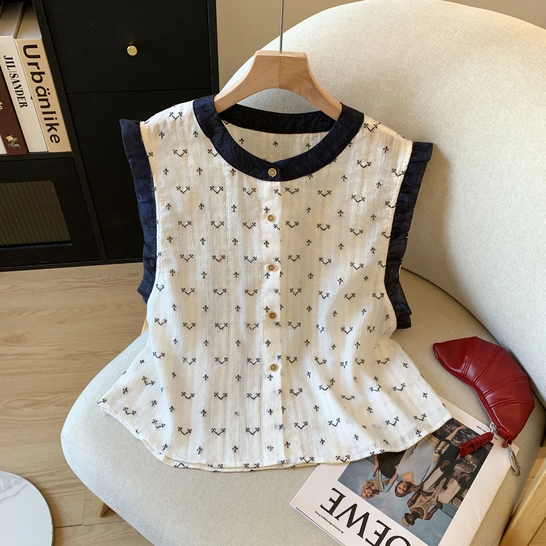 【665】韩版时尚木耳边拼接刺绣无袖小衫女显瘦百搭洋气减龄衬衫