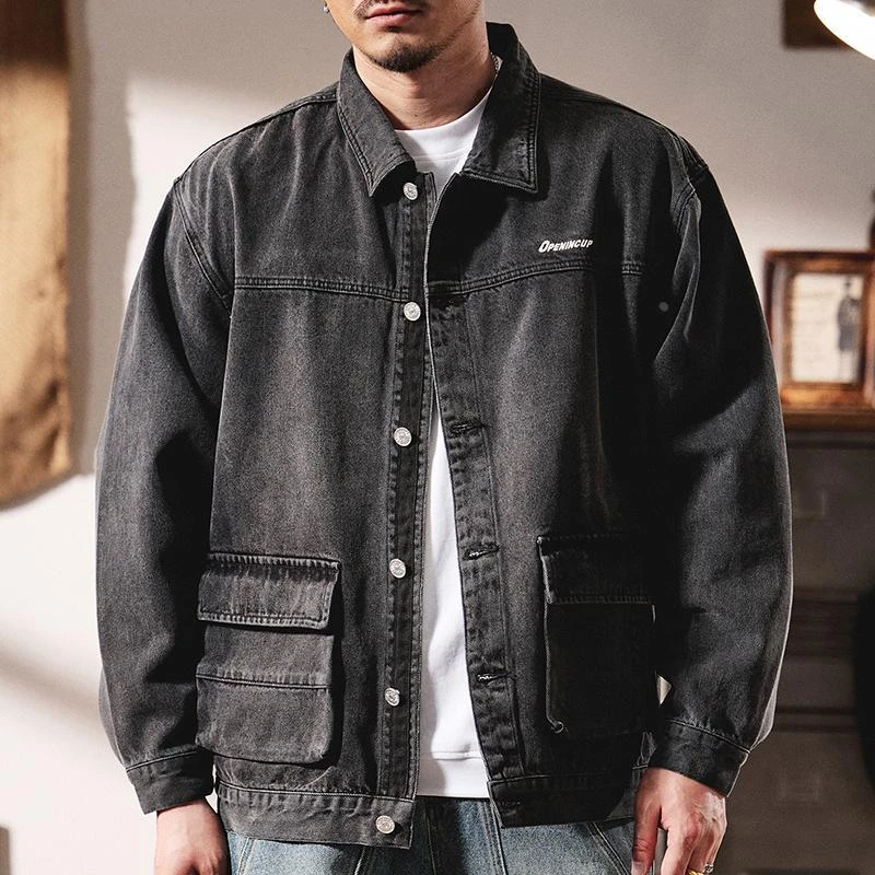 美式牛仔外套男秋冬款宽松大尺码覆古做旧男士工装夹克帅气