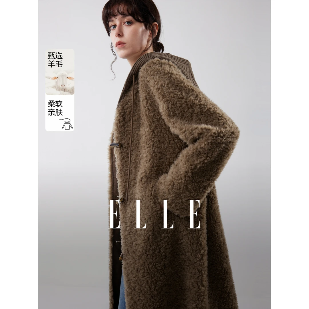 【100%绵羊毛】ELLE女装针织毛绒外套2025冬季新款上衣EF52673