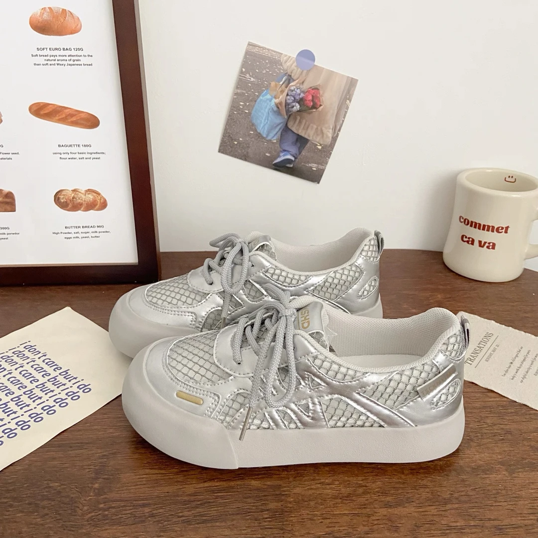6664银德训透网厚底运动板鞋女2025夏季款小众韩版低帮百搭小白鞋