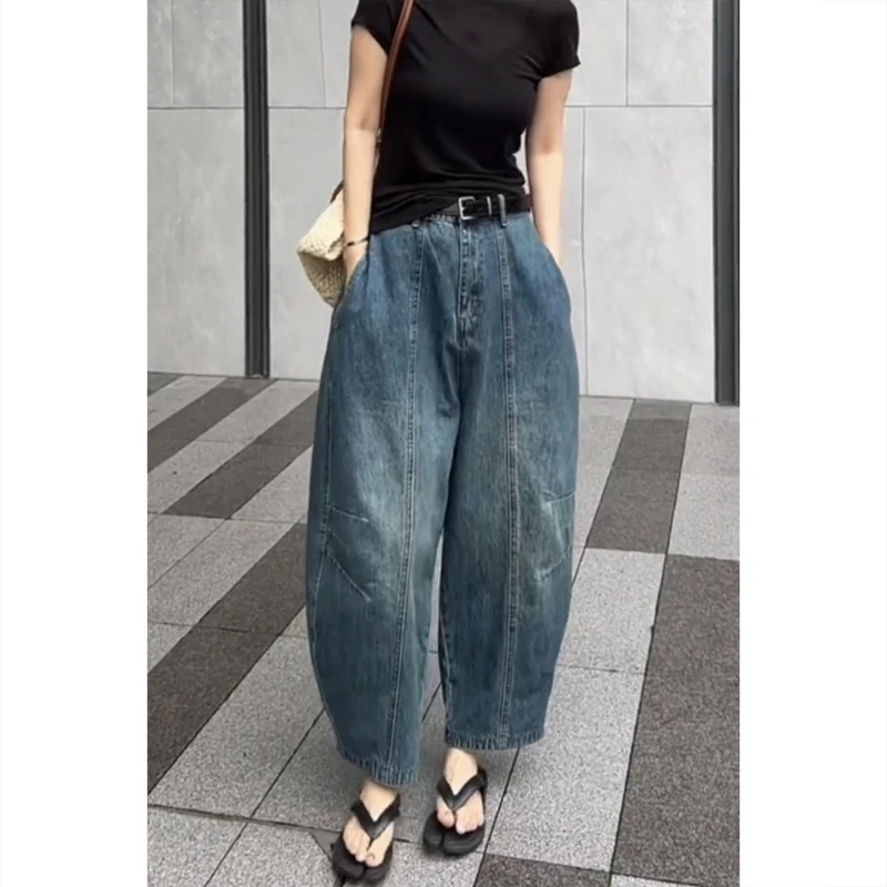 艾塔莉阔腿牛仔裤女夏季新款大码哈伦裤胖妹妹mm老爹裤九分萝卜裤