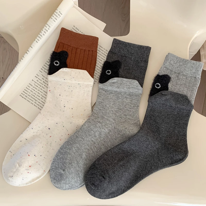 袜子女中筒春秋卡通点子纱植绒猫咪双层拼色日系网红2025新款爆款