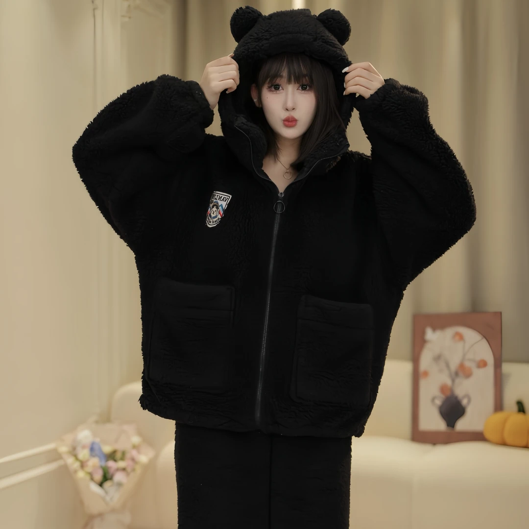 冬季连帽保暖长袖睡衣家居服套装韩版毛绒立领羊羔绒时尚休闲