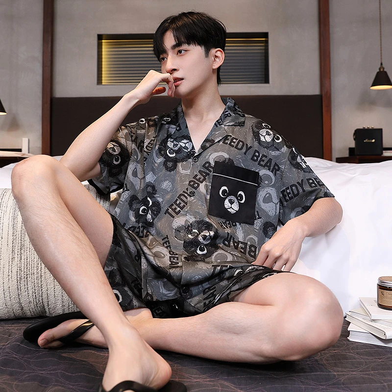 男款睡衣冰丝薄款夏季青年爆款短裤短袖家居服套装宽松大码韩版