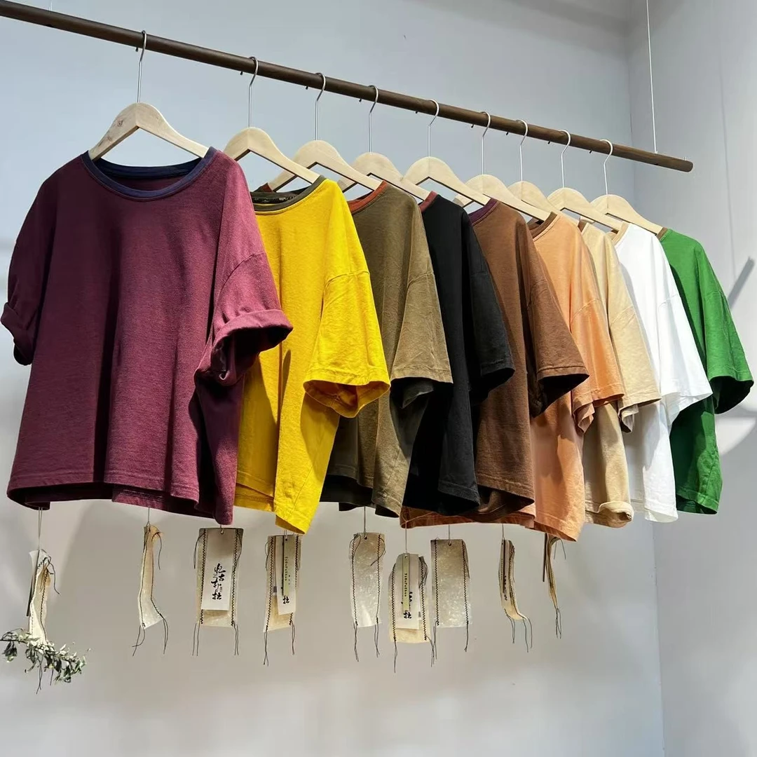 忆古朴拙撞色领短款纯棉圆领T恤250349