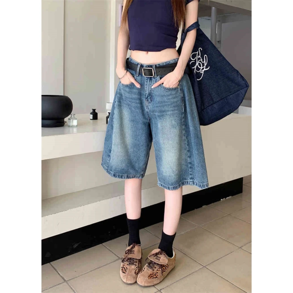 美式复古做旧蓝色牛仔裤女2025春夏新款低腰宽松百搭直筒裤五分裤