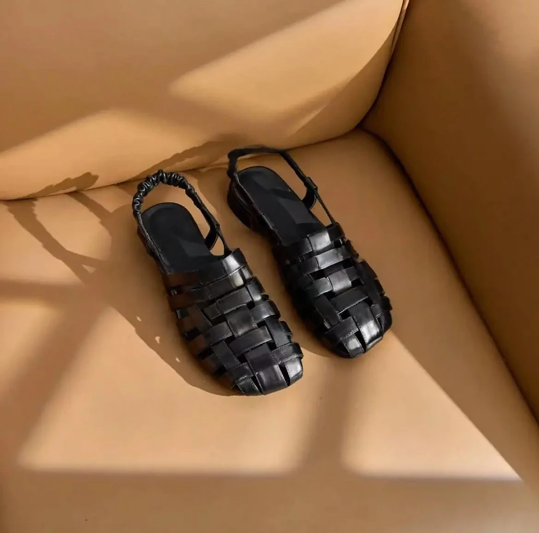 牛皮版~夏季新款文艺复古手工编织云朵褶皱真皮舒适时装凉鞋