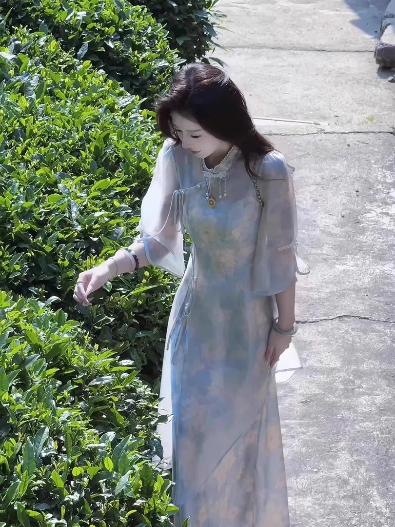 新中式国风套装女大码胖mm罩衫碎花吊带连衣裙禅意改良旗袍两件套