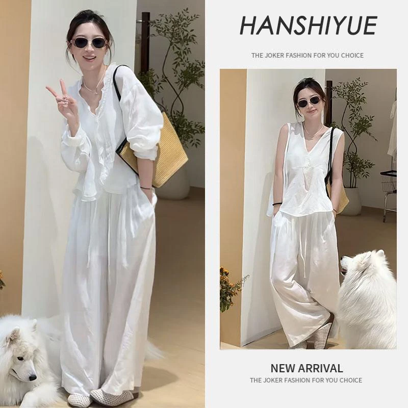 夏季时尚一整套女装2025新款V领木耳边防晒衬衫休闲阔腿裤两件套