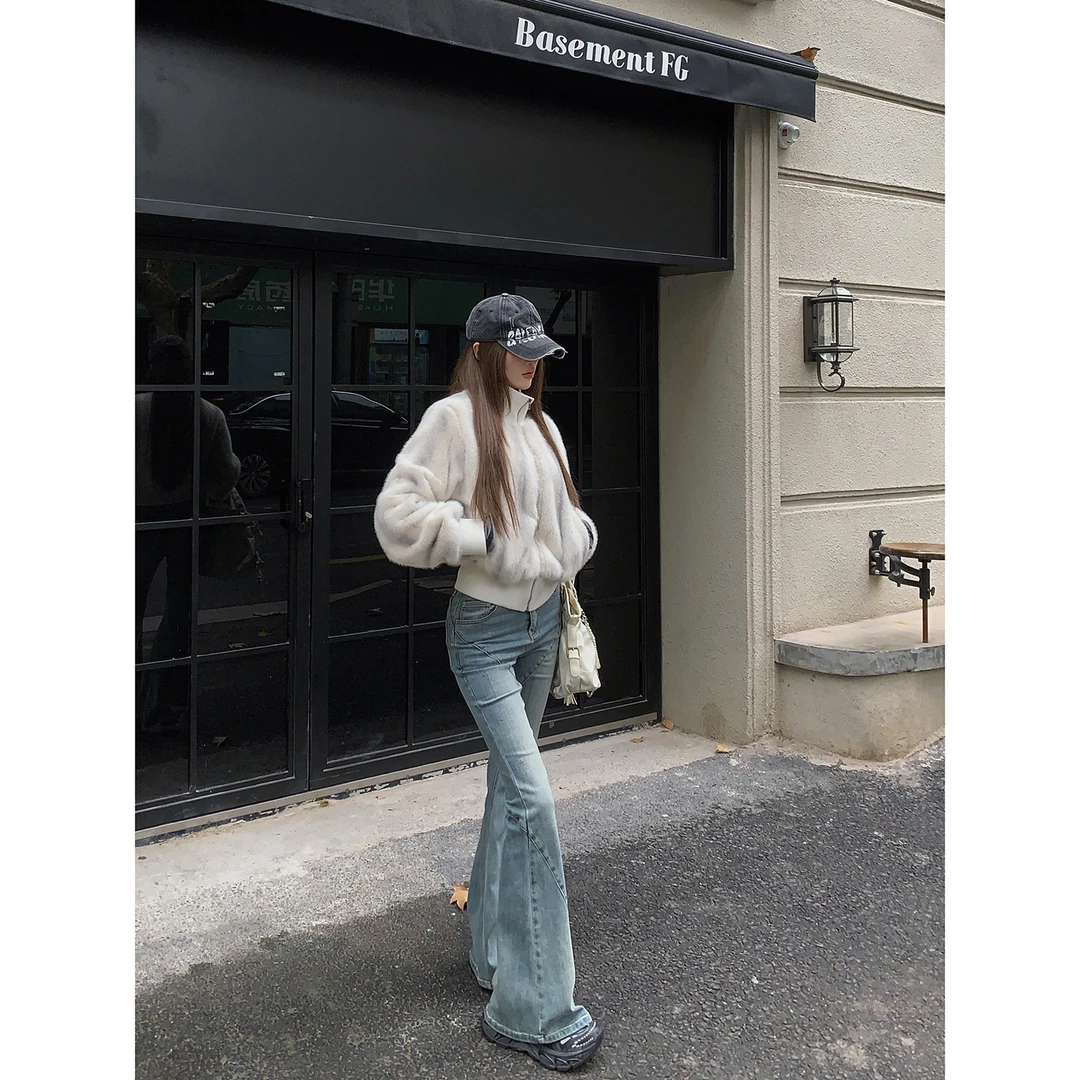 DREAM SEVEN77 显瘦秋冬直筒微喇叭韩版高腰设计感牛仔裤QR85494