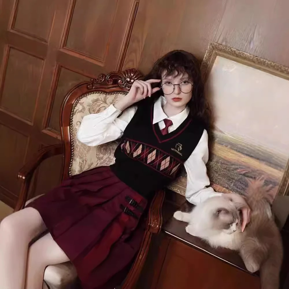 哈利波特联名款制服学院美式菱格针织马甲学生毛衣秋冬上衣修身