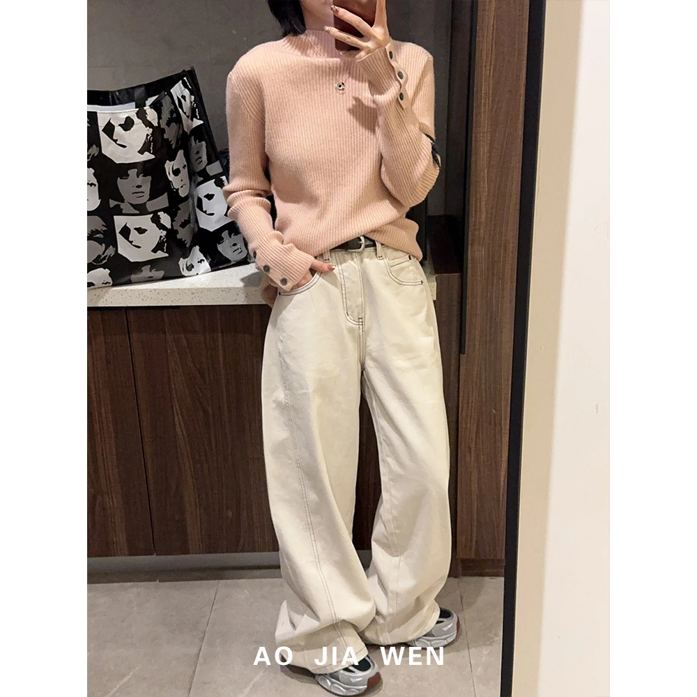 【佳文定制】水洗纯色显瘦阔腿直筒休闲百搭简约冬季皮带牛仔裤1997