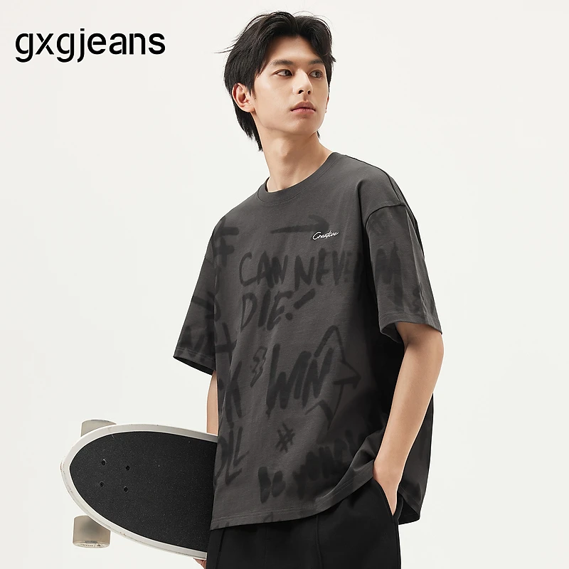 gxg.jeans男装  深灰色涂鸦字母满印时尚圆领短袖T恤男 25夏新品