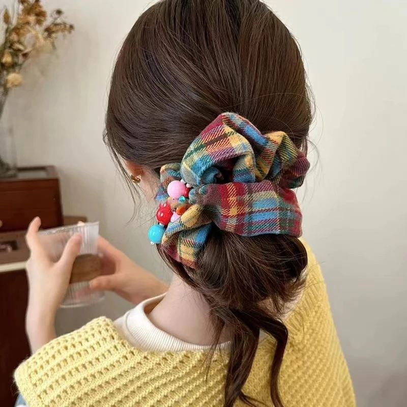 很特别-早春彩虹M豆格子大肠发圈头绳女2025新款高弹力发饰皮筋