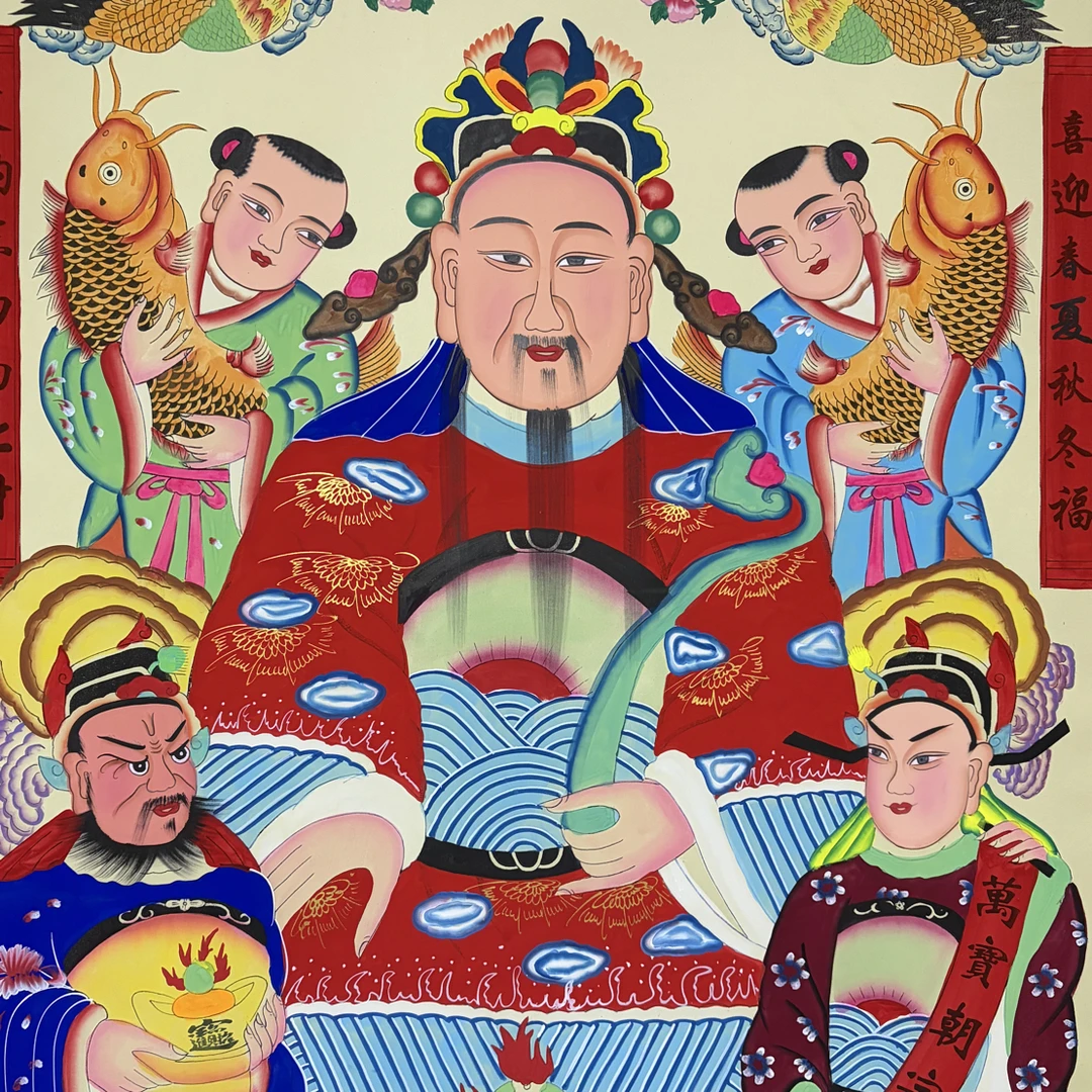 手绘绢布材质中号财神爷画像，财神竹子