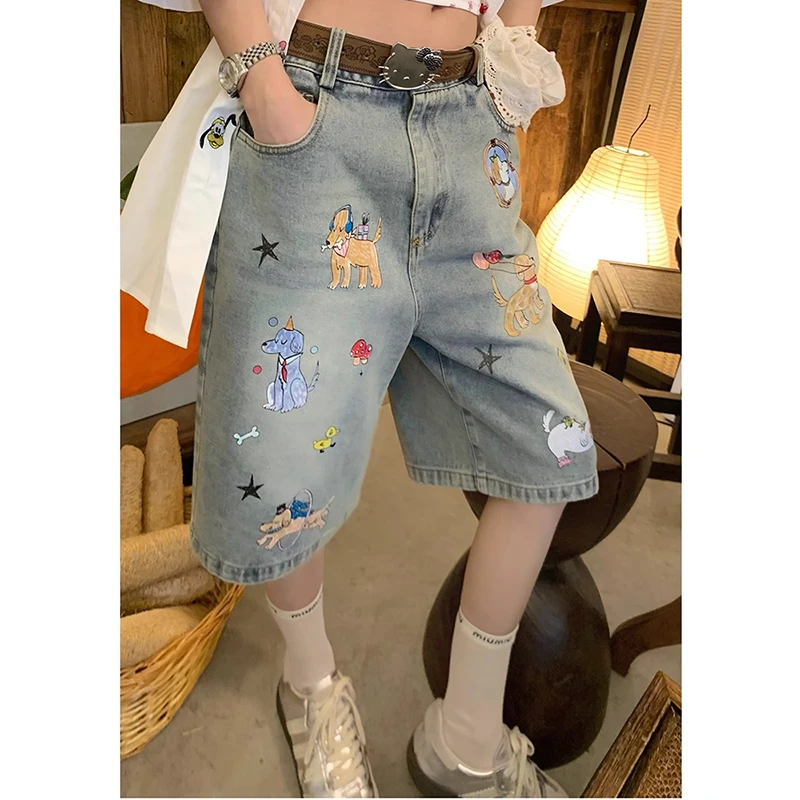 美式复古趣味小狗印花五分牛仔裤女夏季六分中裤高腰显瘦直筒短裤