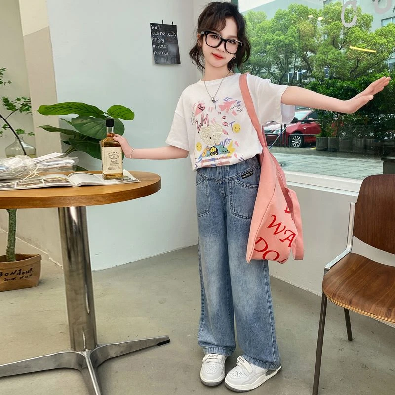 【100%纯棉】2025夏季百搭韩版白T恤女童中大童洋气短袖儿童上衣ins