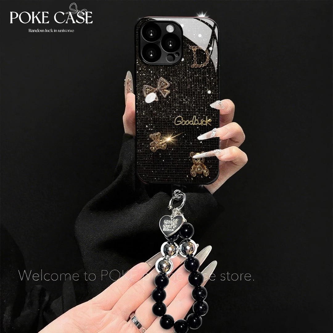 高级电镀玻璃金闪闪格子小熊适用苹果oppo华为vivo小米手链手机壳