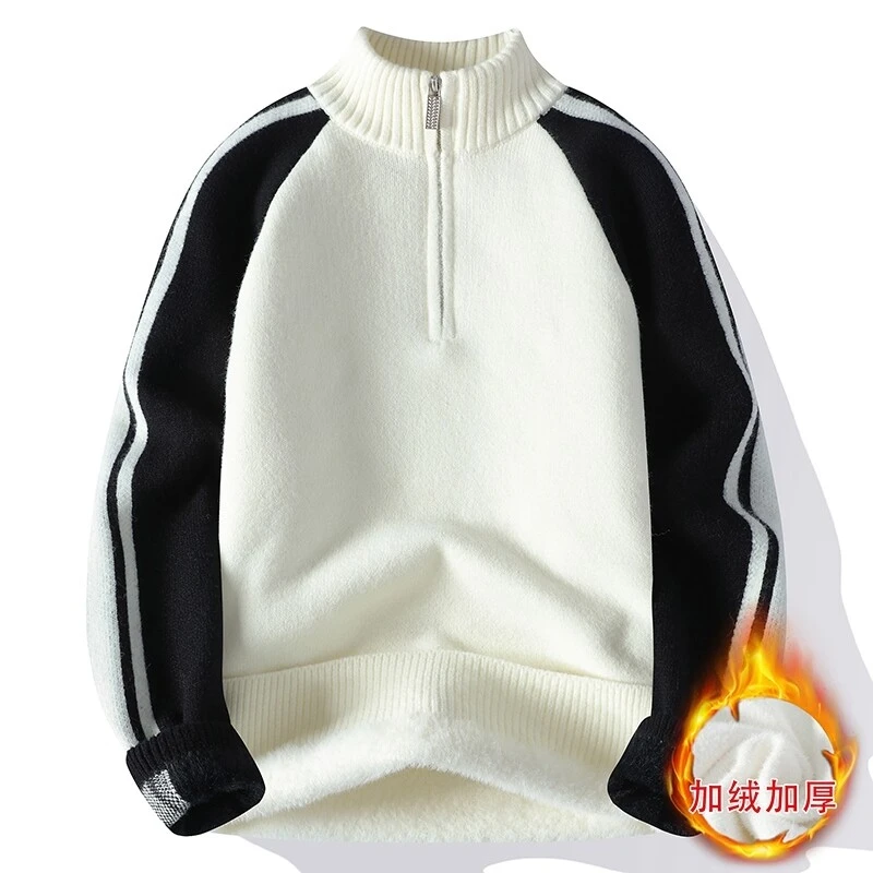半拉链立领毛衣男秋冬季撞色拼接宽松针织衫男士加厚保暖上衣服男