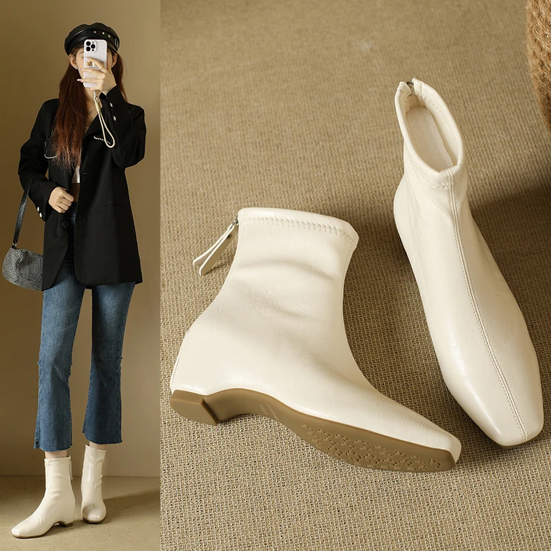 法式短靴女2025秋冬新款方头内增高中跟高跟百搭粗跟英伦风马丁靴