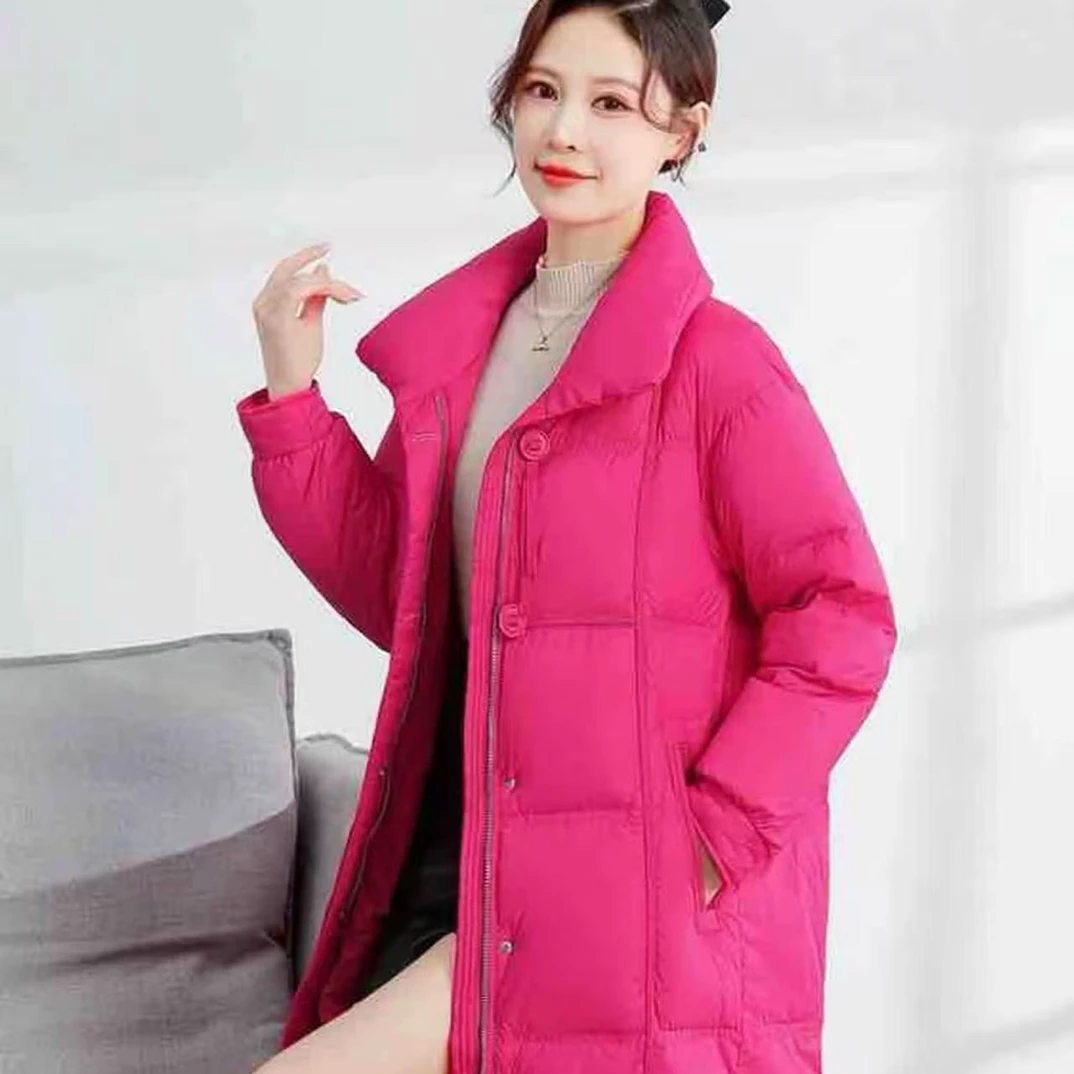 YB818厚款保暖宽松型长款中长款羽绒服修身女装立领百搭