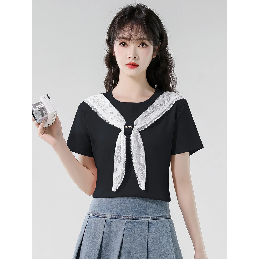 夏季爆款蕾丝披肩假两件上衣女时尚洋气短袖9016