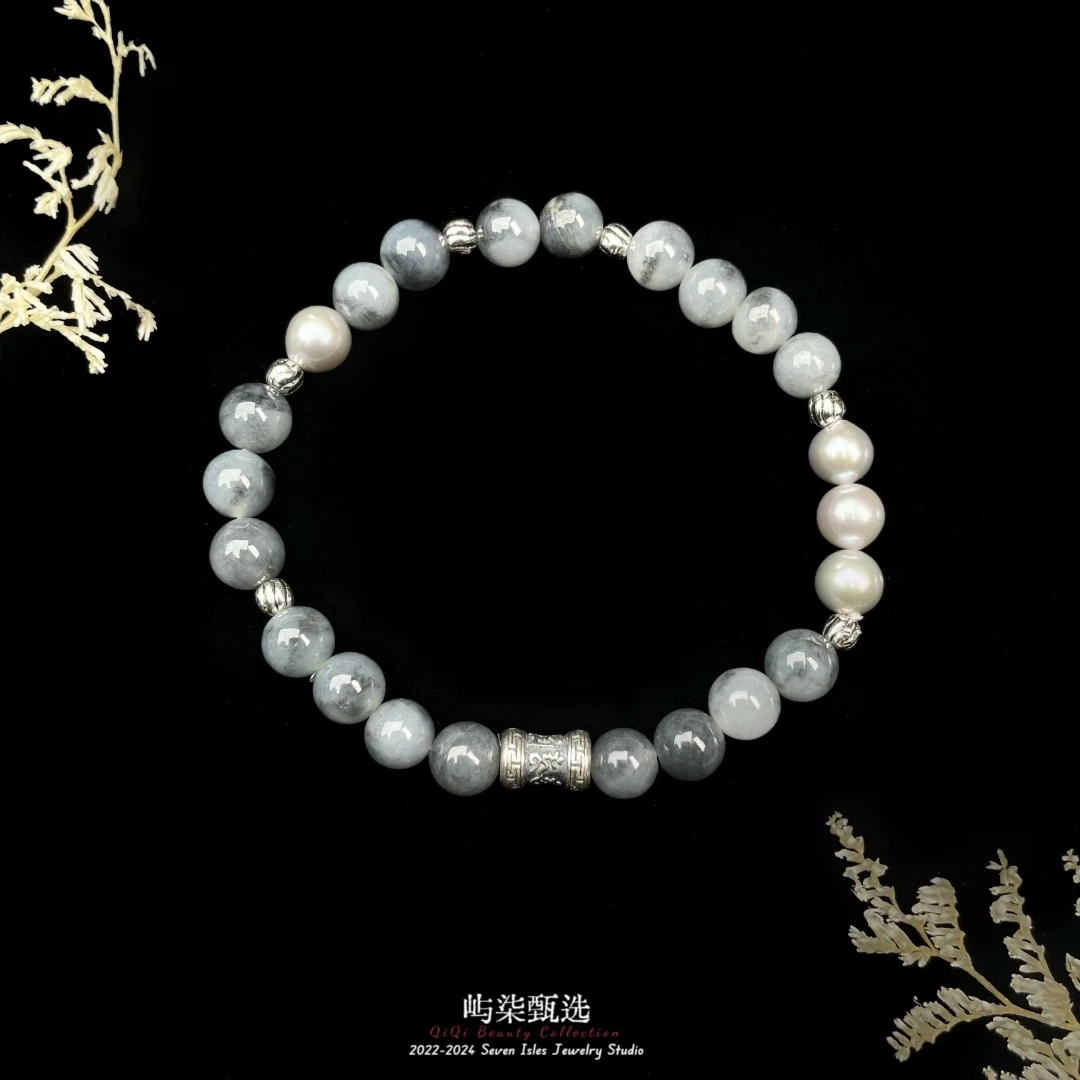 【要努力】F252 翡翠银S925镶嵌 乌鸡翡翠大珍手串