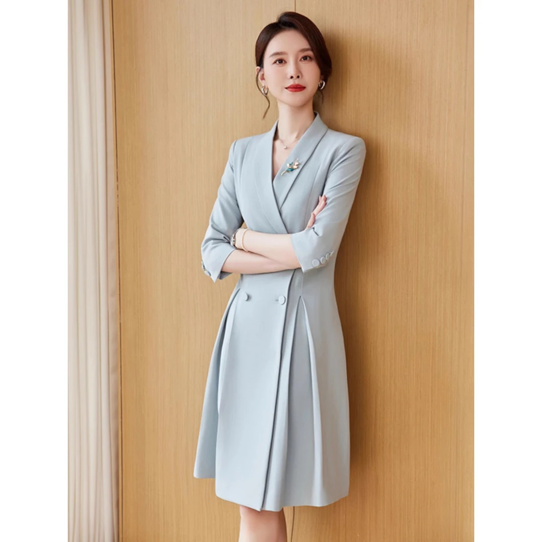 连衣演讲服装女蓝色商务正装礼服一次性口罩爆款2025最新款连衣裙