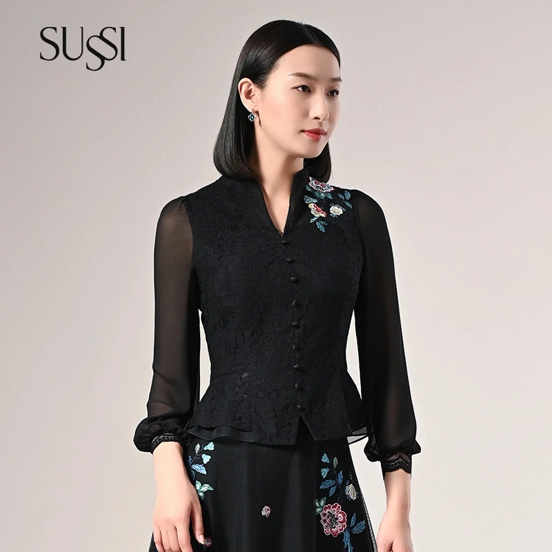 SUSSI古色商场同款黑色刺绣通勤雪纺蕾丝上衣衬衫女