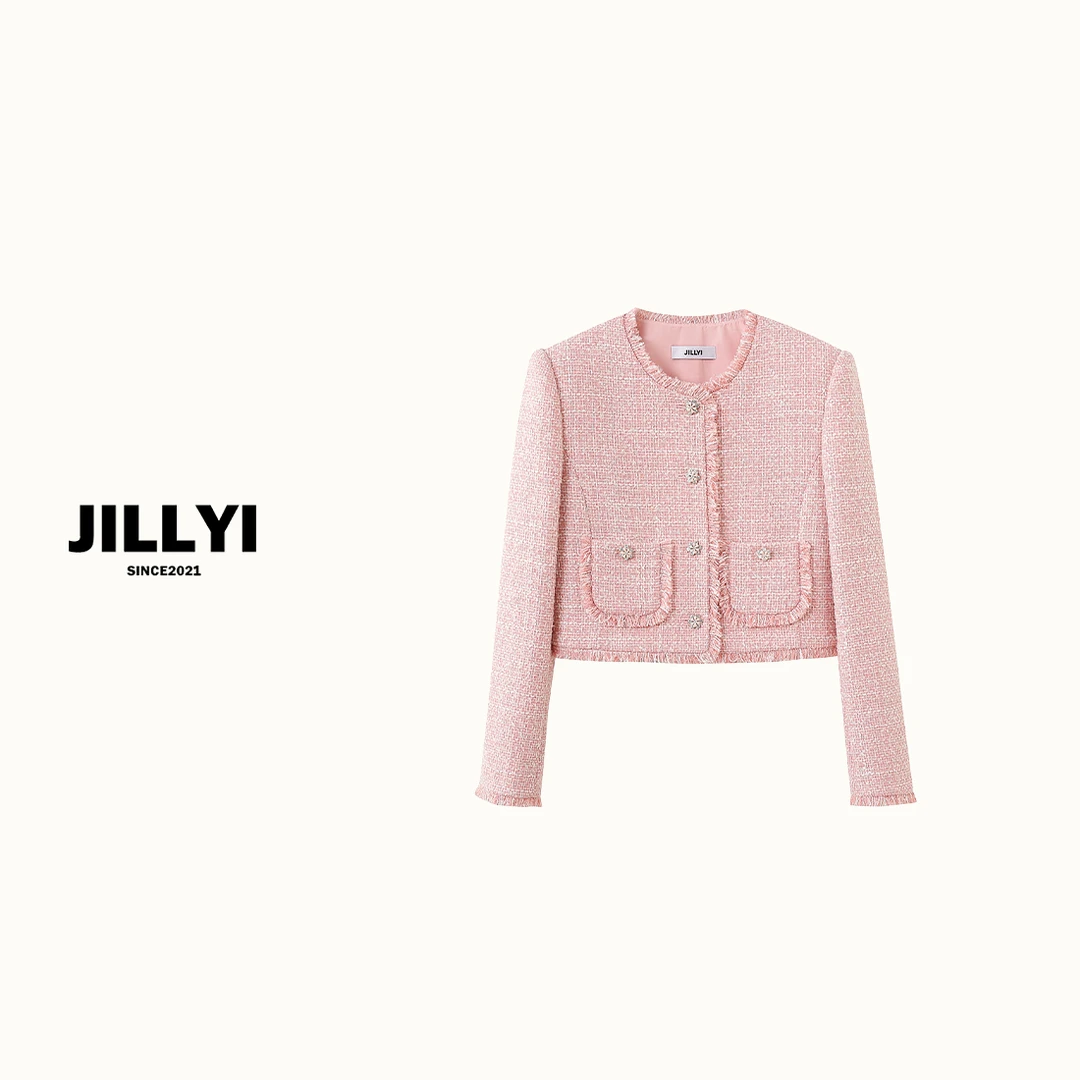 JILLYI【樱花晨露外套】粉色圆领单排扣短小香风气质外套时尚百搭