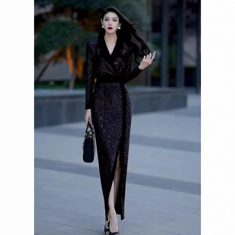 法式御姐气质长裙高端精致轻奢高级感风情万种黑色亮片连衣裙秋冬