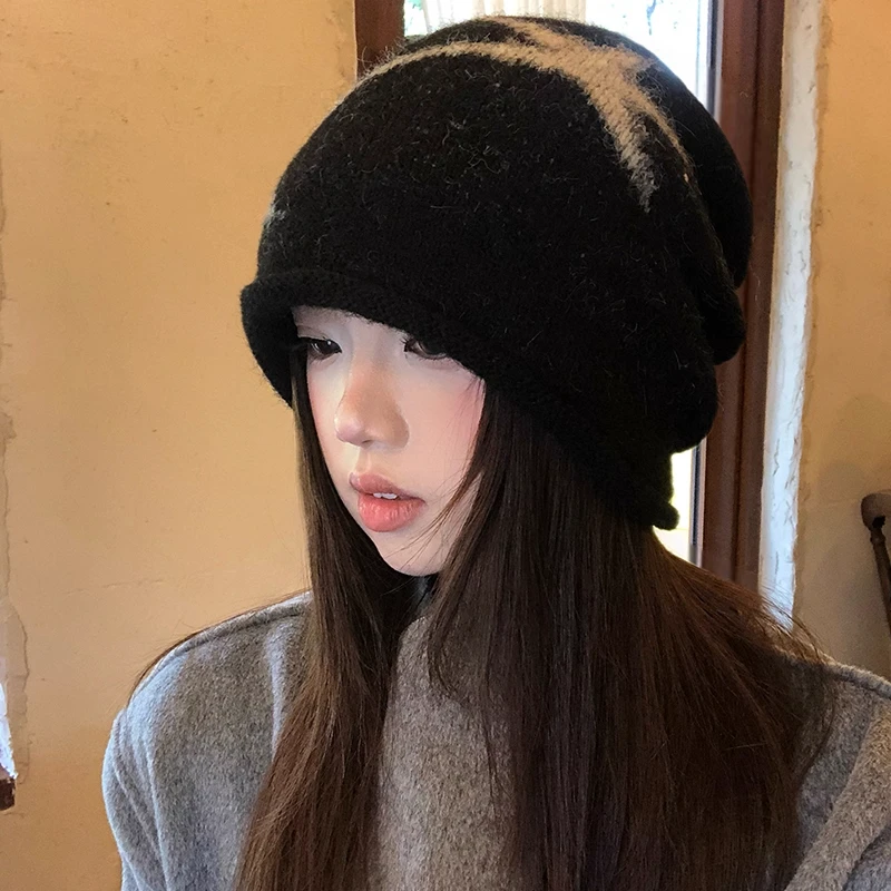 美式复古堆堆帽保暖百搭大头围毛线帽女秋冬护耳包头帽显脸小冷帽