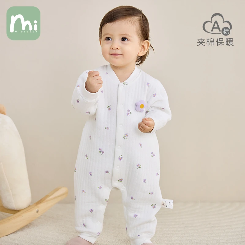 婴儿薄夹棉连体衣秋冬季新生儿衣服a类纯棉宝宝外出婴幼儿爬爬服