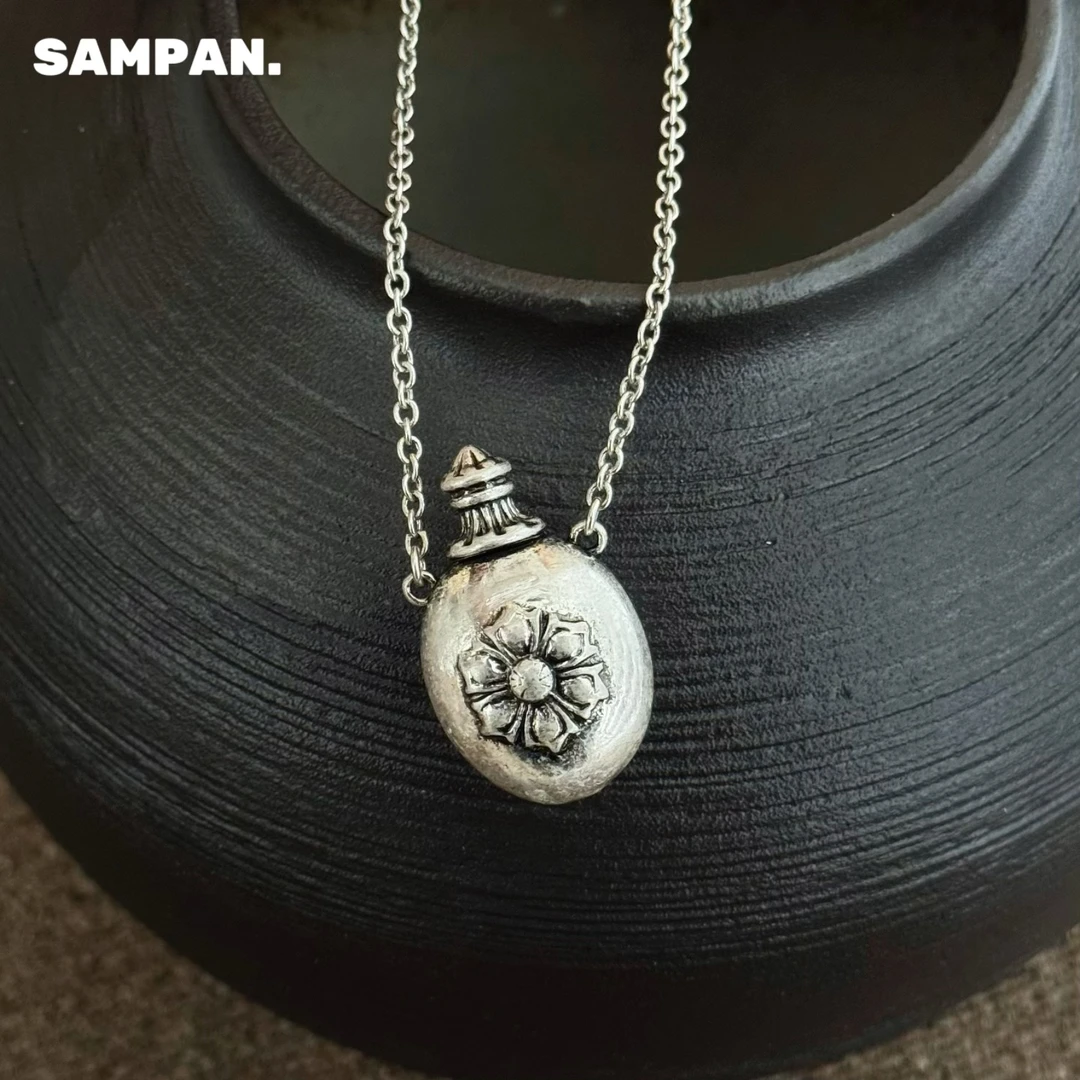 铜合金项链 SAMPAN酒壶项链时尚高级胸链轻奢做旧复古银色毛衣链