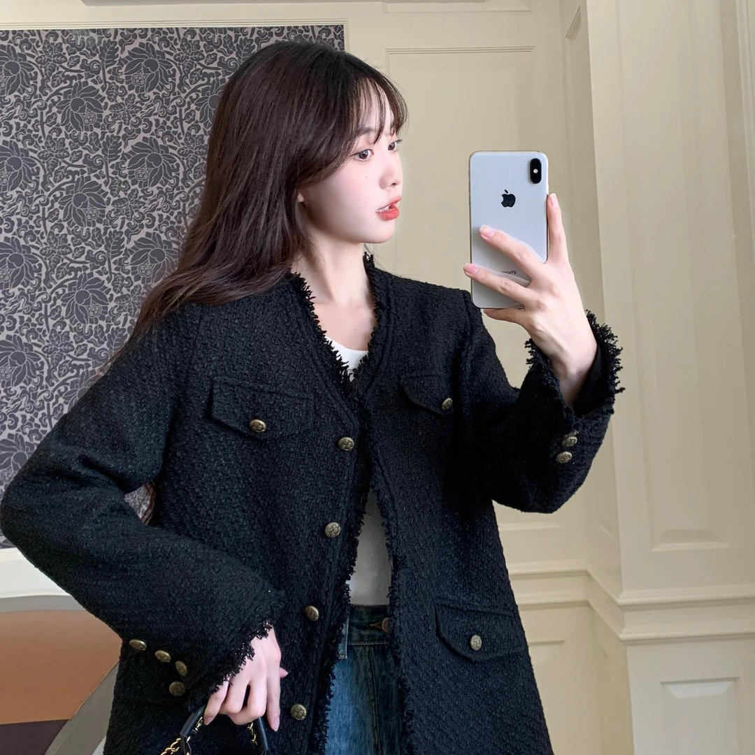 秋冬黑色复古小个子法式大码小香风加厚夹棉外套女装冬季别致开衫