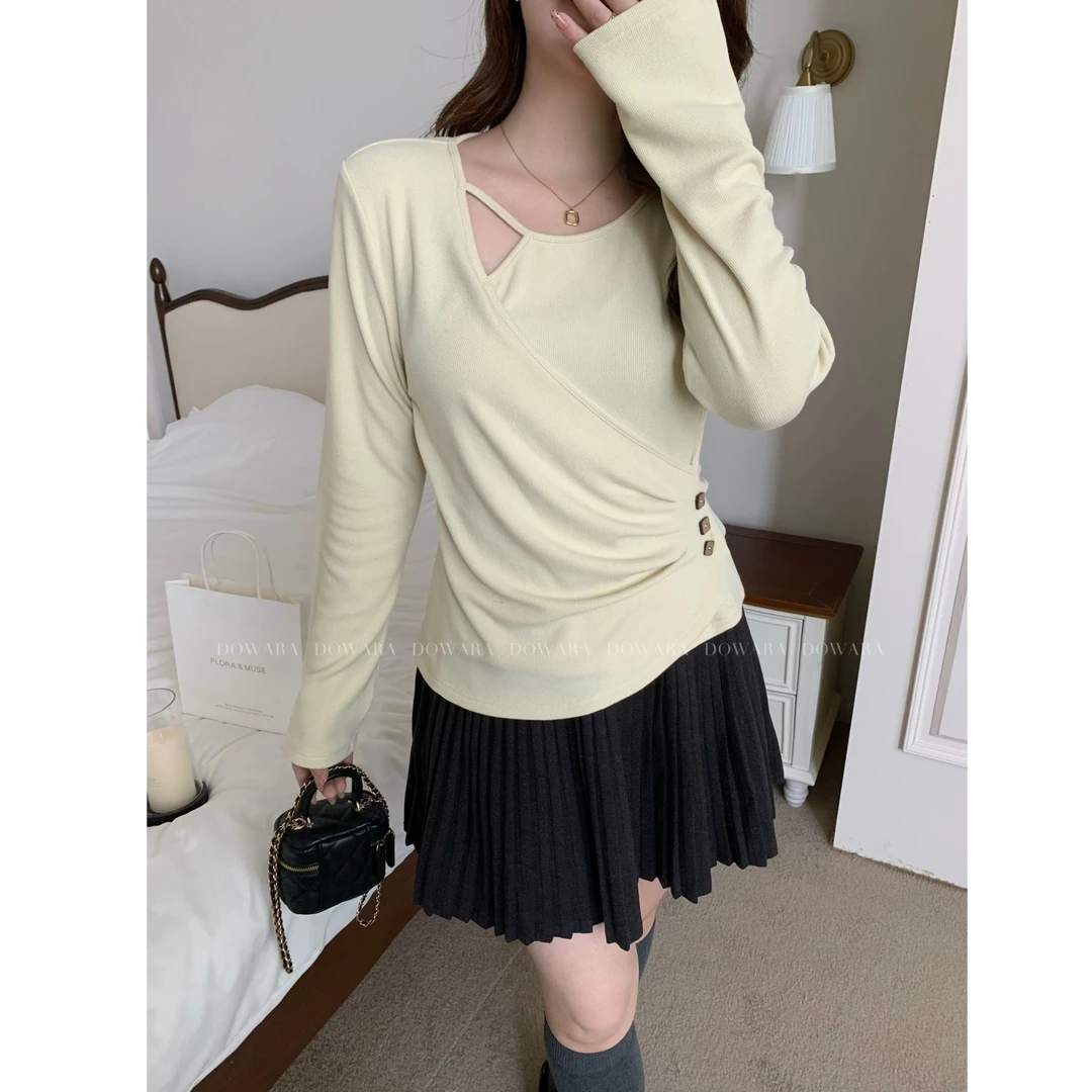 现货大婉酱千千微胖定制 韩系镂空不规则打底衫收腰显瘦T恤7772D