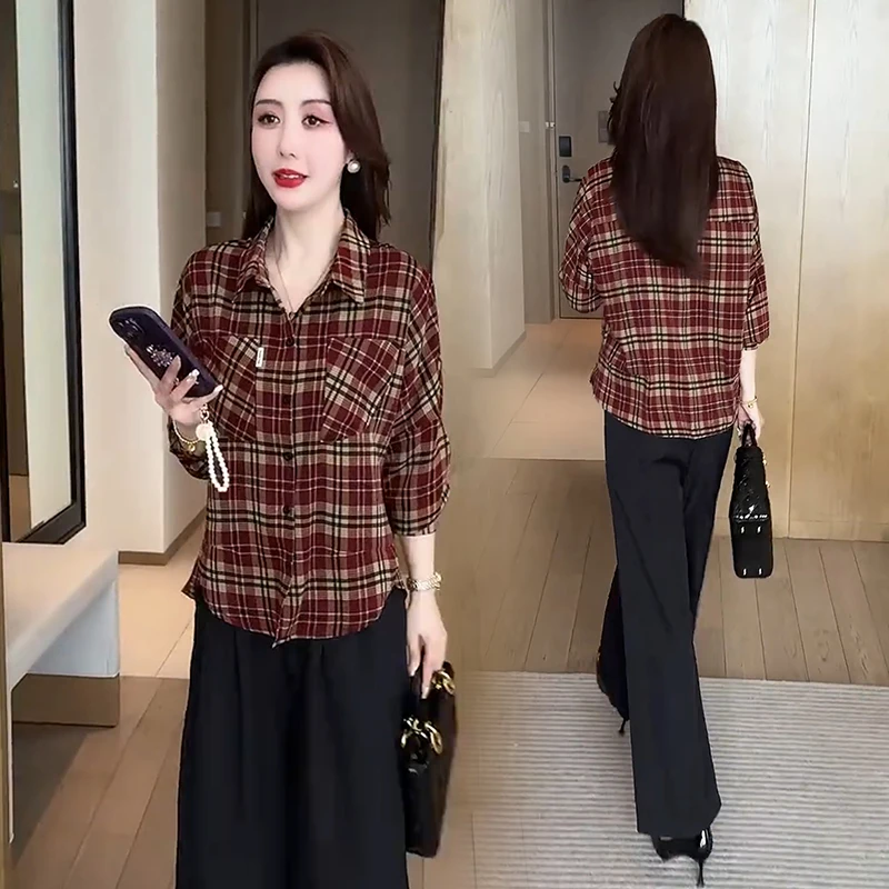 格子长袖衬衫女2025春秋新款小个子时尚洋气宽松减龄百搭休闲上衣