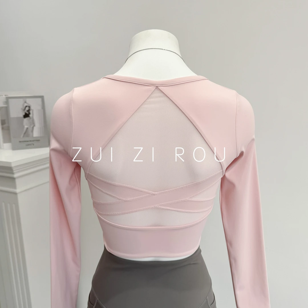 瑜伽服女长袖美背交叉带胸垫健身运动上衣修身短款普拉提训练服