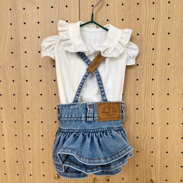 重工水洗荷叶边牛仔背带裙 可爱马尔济斯宠物百搭