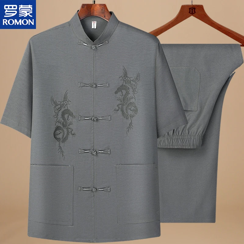 罗蒙中老年人男士唐装短袖爷爷中国风刺绣夏季老年人晨练汉服套装