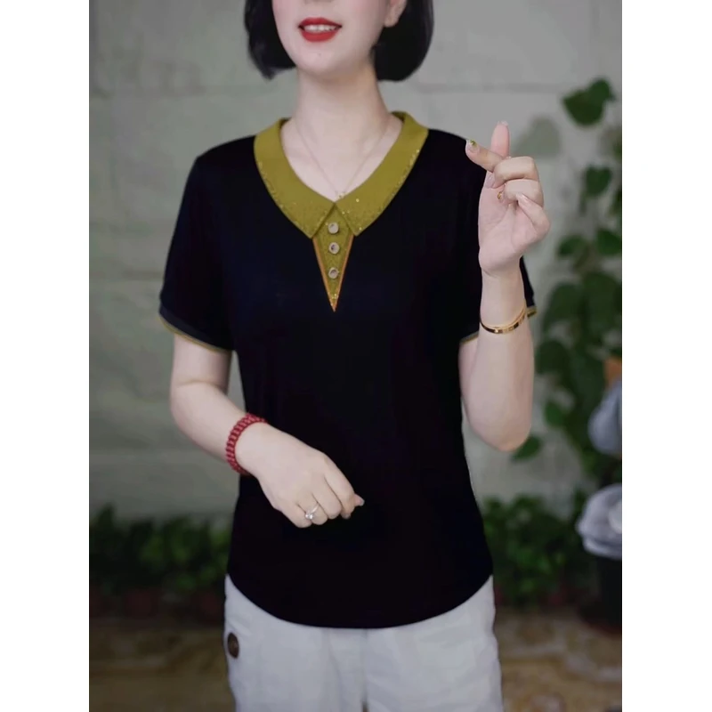 夏季新款撞色翻领时尚烫钻休闲T恤宽松遮肉气质显瘦百搭舒适上衣