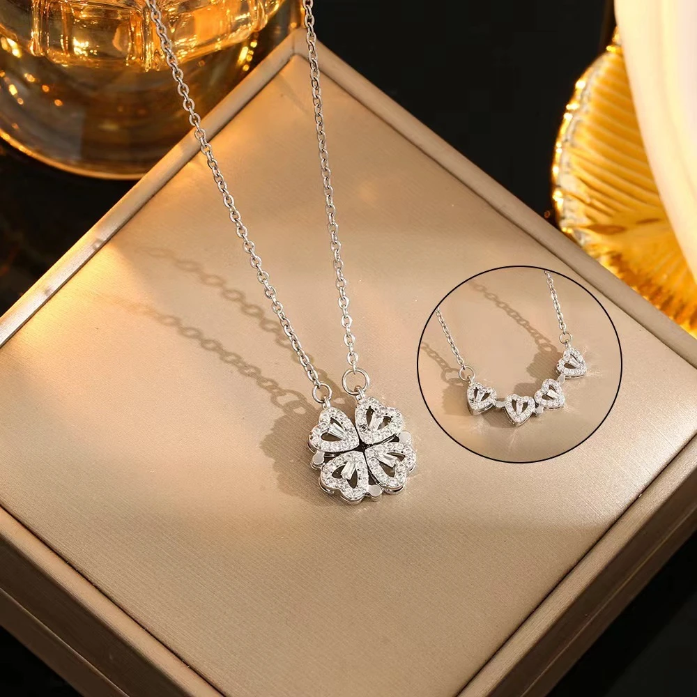 钛钢项链 一款两戴心连心开合四叶草项链XL9397