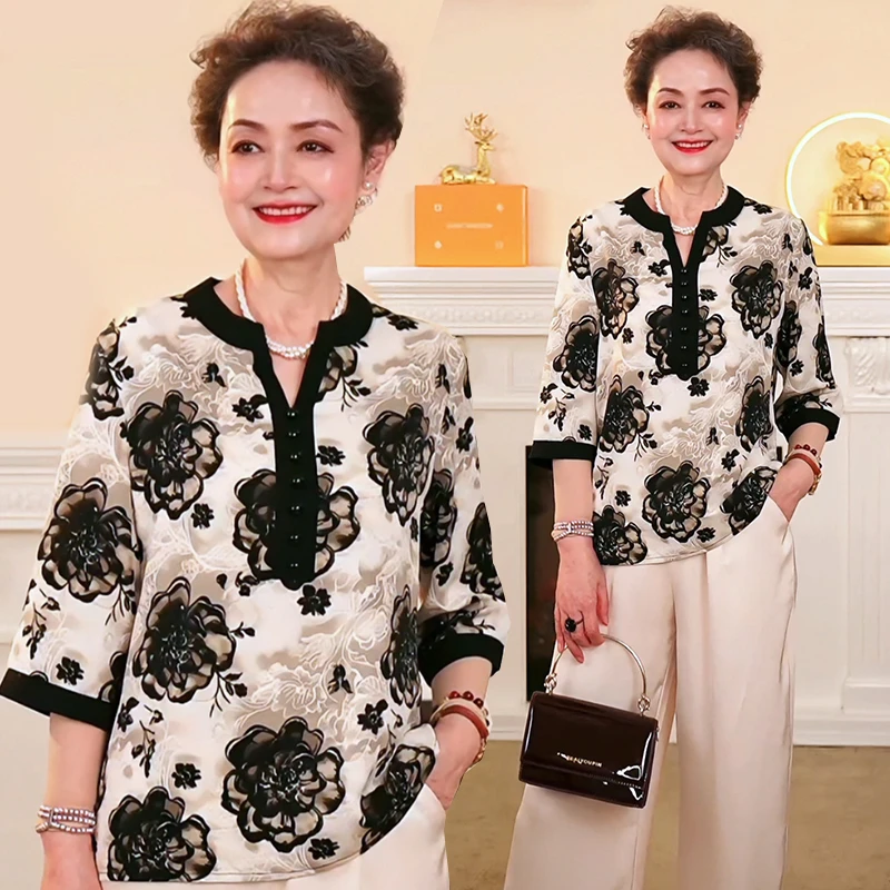 妈妈夏装七分袖上衣气质衬衫新款中老年人女夏季短袖T恤小衫