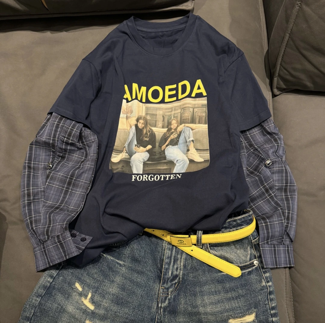 青少年圆领短袖几何基础大众T恤小众牛仔上衣抽绳