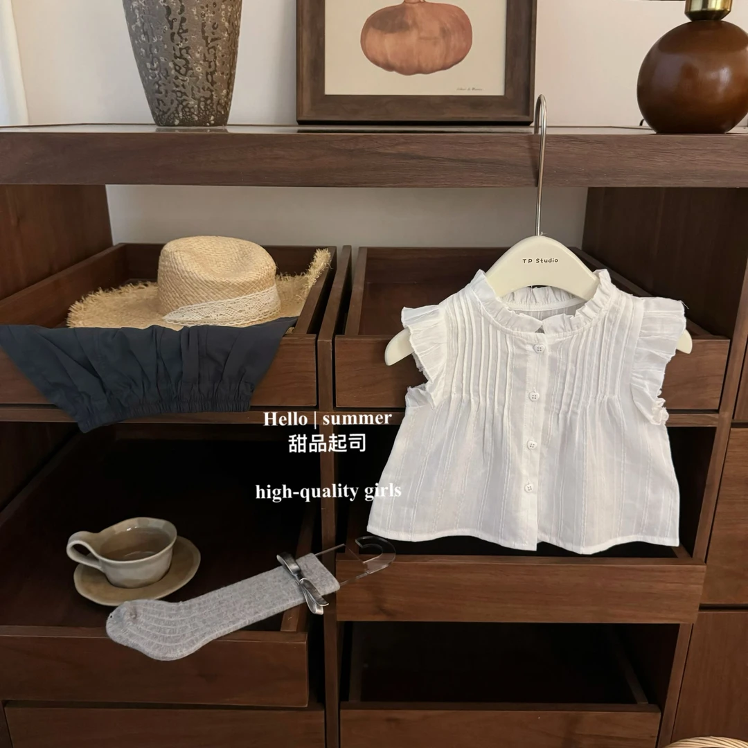 【甜品起司】miu系！女童韩系洋气学院风木耳边衬衫短裤甜美套装