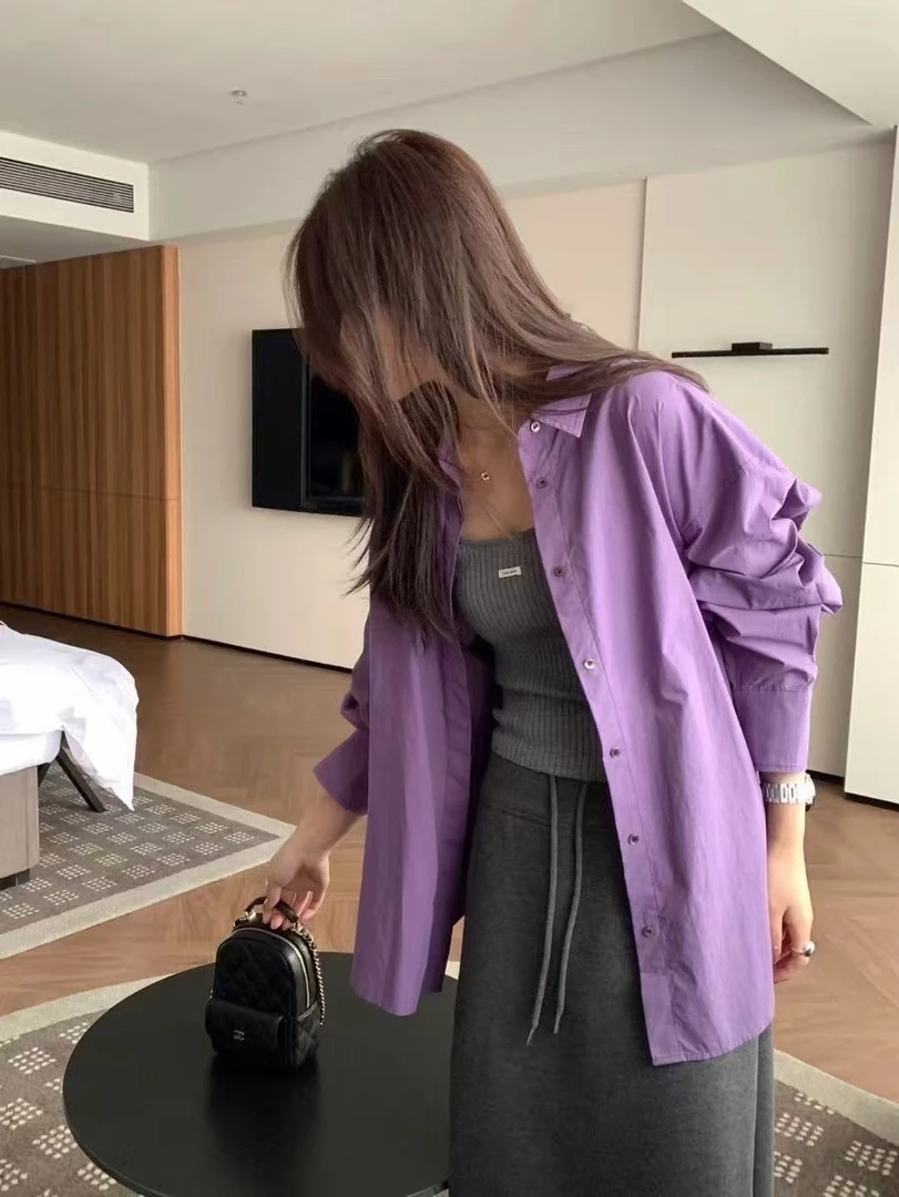韩国简约紫色衬衫上衣女2025秋季新款宽松显瘦休闲百搭长袖衬衣
