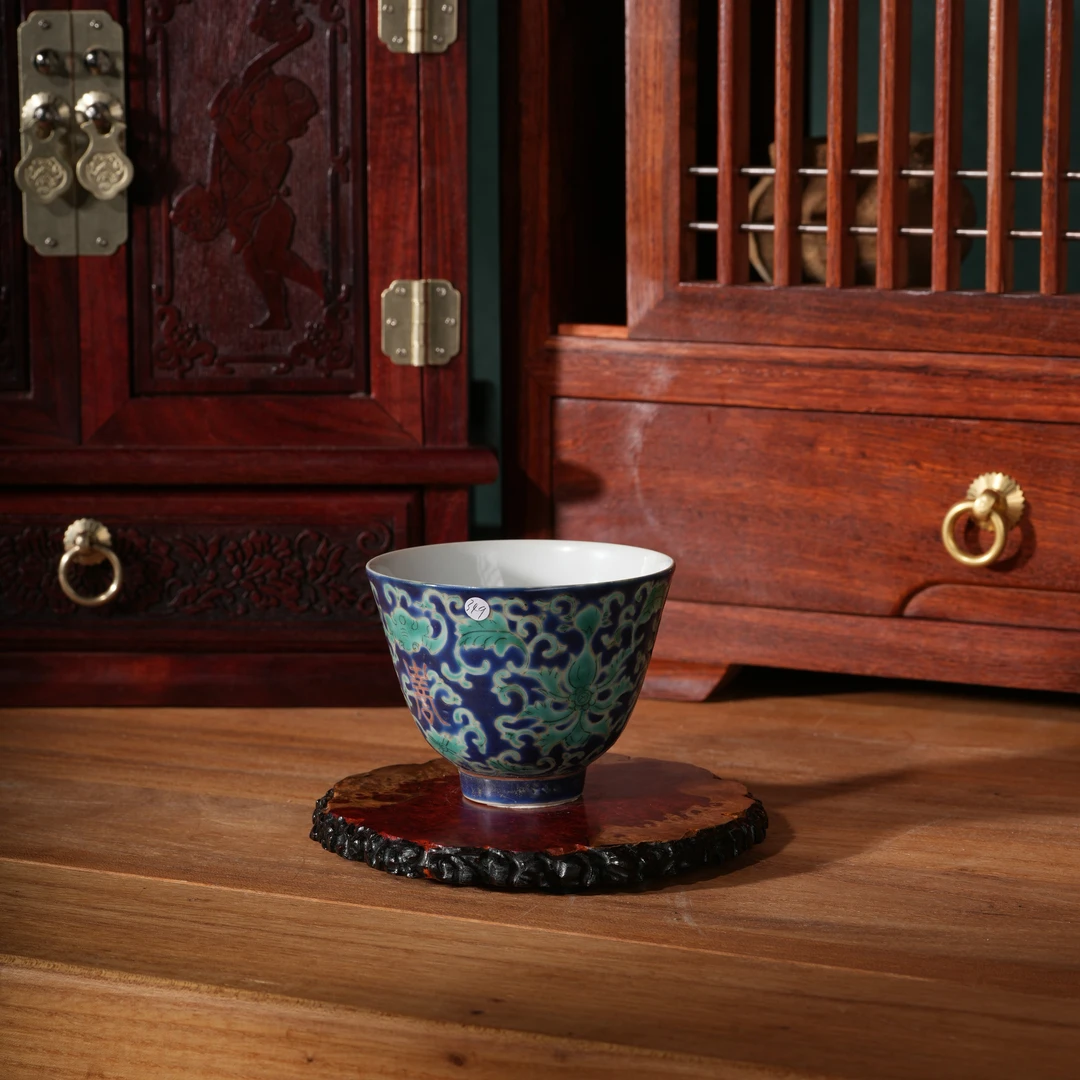 349清同蓝地治粉彩西番莲明清老瓷器仿古典家居书房摆件瓷器