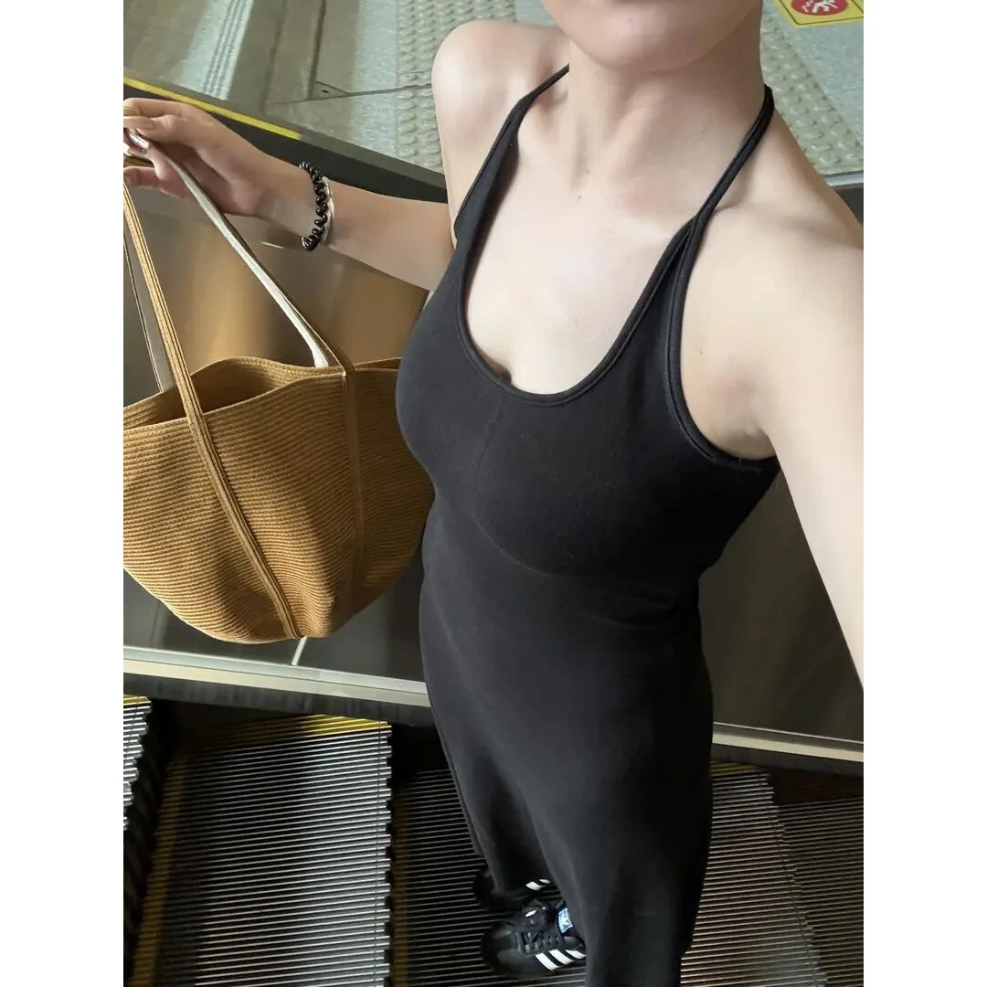 美式辣妹慵懒风露背挂脖U领吊带连衣裙夏季收腰修身包臀鱼尾长裙